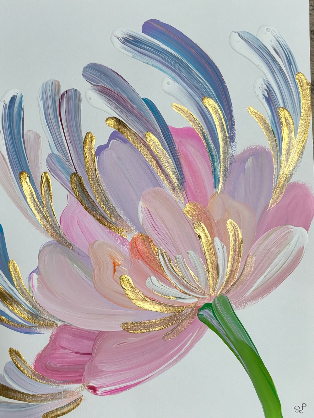 Hand-Painted Floral painting - Pink & Gold